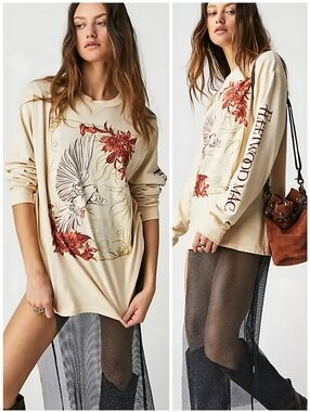 Free People Daydreamer Fleetwood Mac Cream Orange Dove Graphic Band Top, S